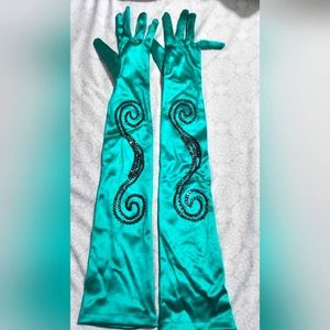 Rhinestoned Teal Satin Stretch Opera Gloves (OS)